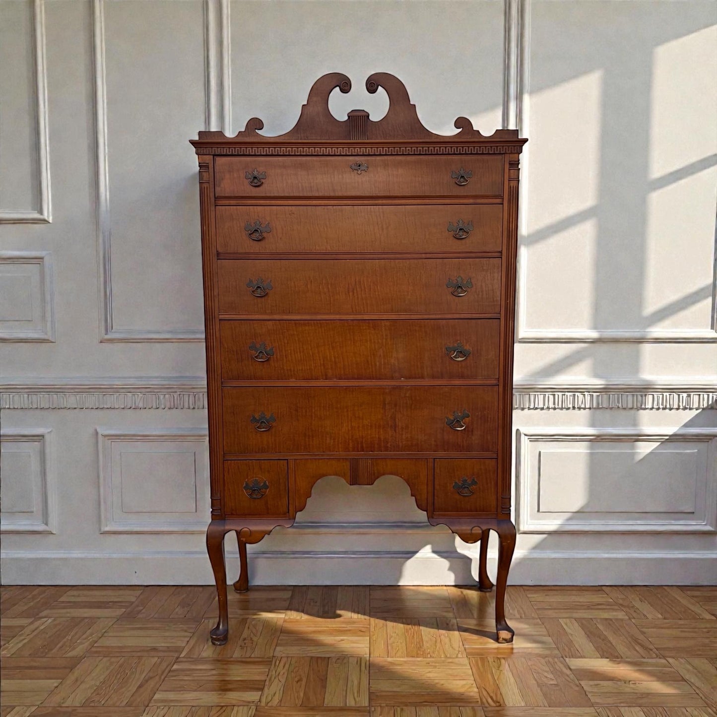 Vintage Highboy Dresser Tall Chest Queen Anne Style Bonnet Top Cabriole Legs Chippendale Revival Solid Wood Chest
