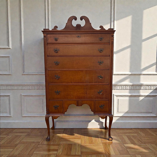 Vintage Highboy Dresser Tall Chest Queen Anne Style Bonnet Top Cabriole Legs Chippendale Revival Solid Wood Chest