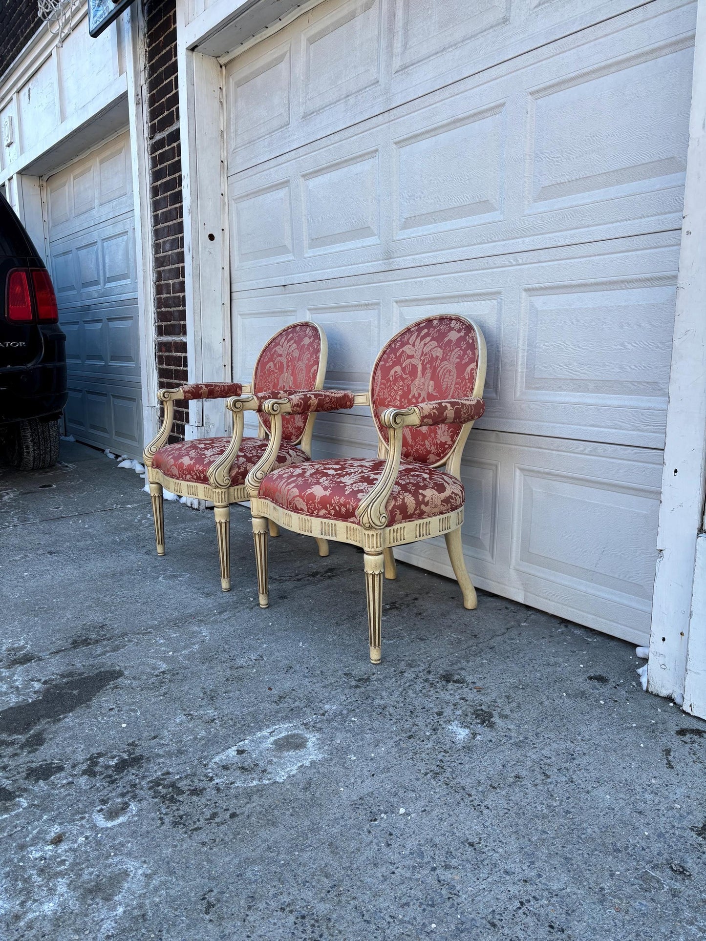 Pair of French Style Armchairs, Louis XVI Accent Chairs, Neoclassical Painted Wood Chairs, Red Toile Upholstered Barrel Back Chairs