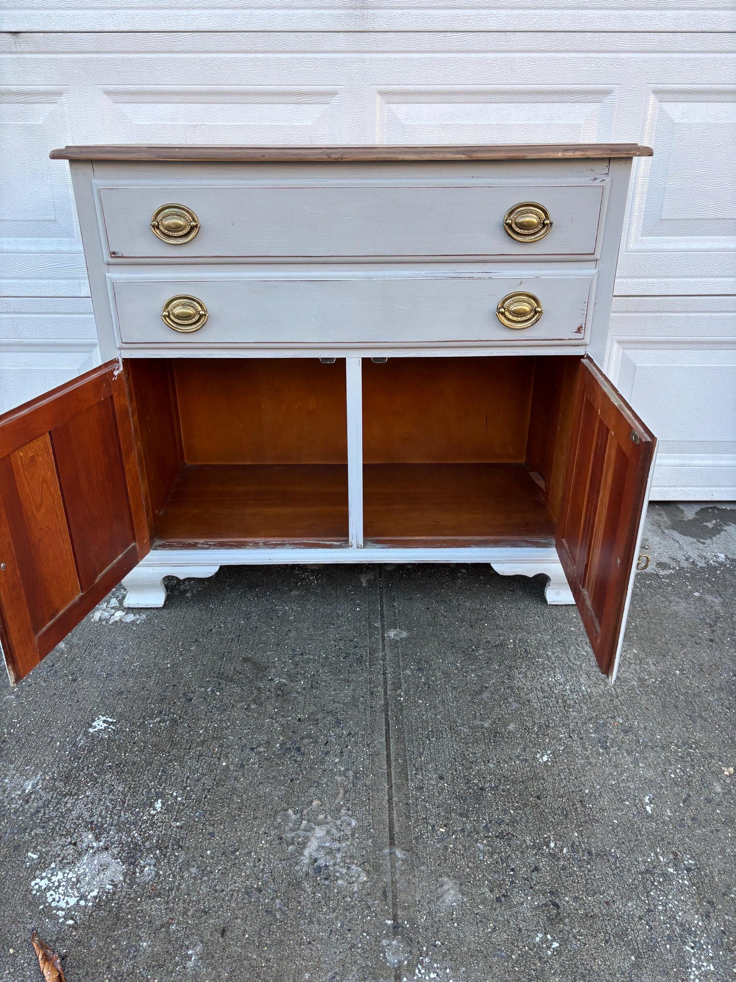 Vintage Farmhouse Sideboard Buffet Cabinet Gray White Blue Distressed Wood Top Storage Cabinet