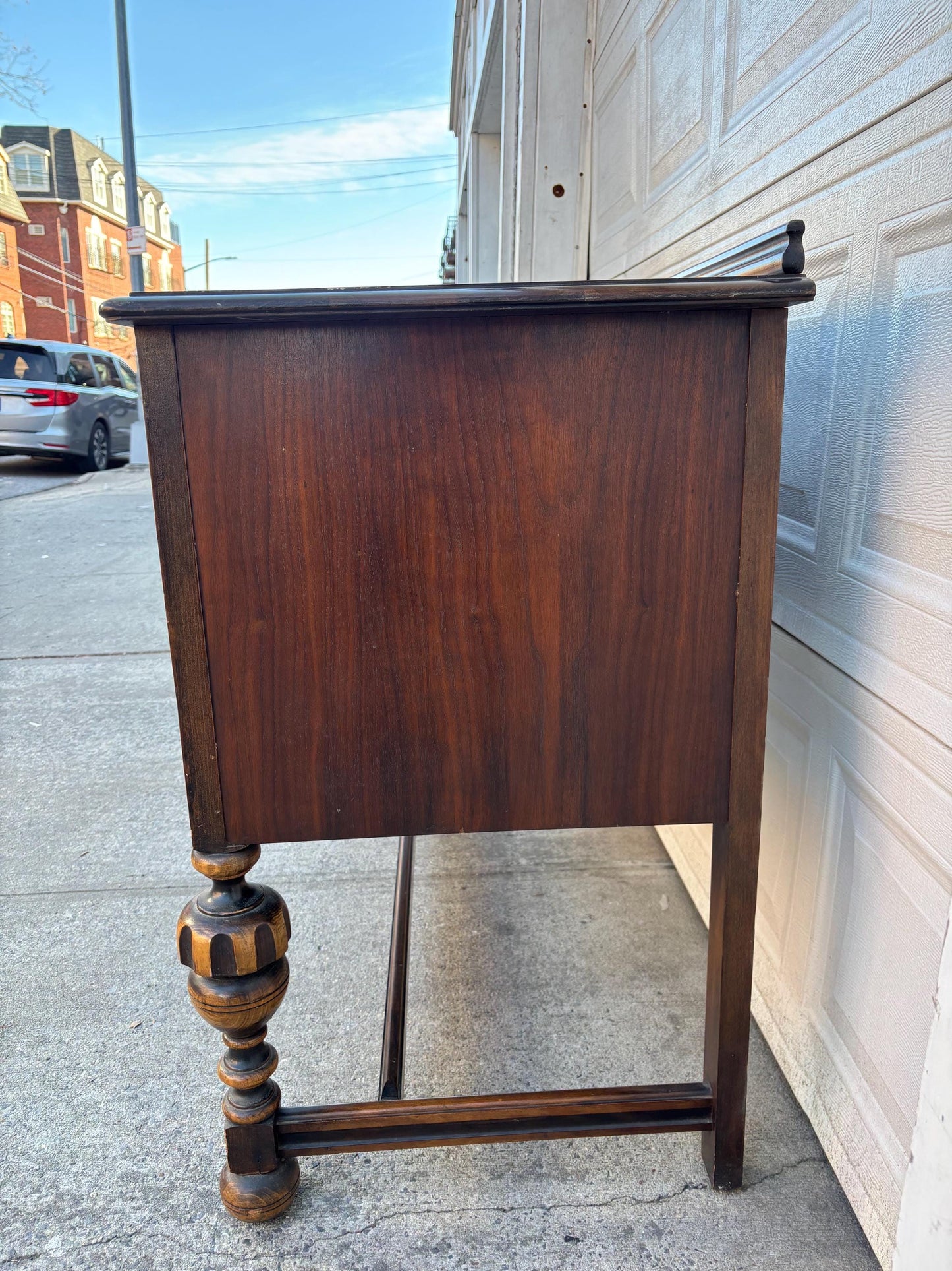 Vintage Jacobean Revival Server Sideboard Console Table Carved Wood Buffet Spanish Style Entry Cabinet
