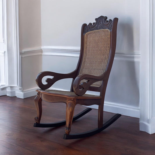 Vintage Cane Back Rocking Chair, Carved Wood Scroll Arm Rocker, Traditional Accent Chair, High Back French Style Rocker