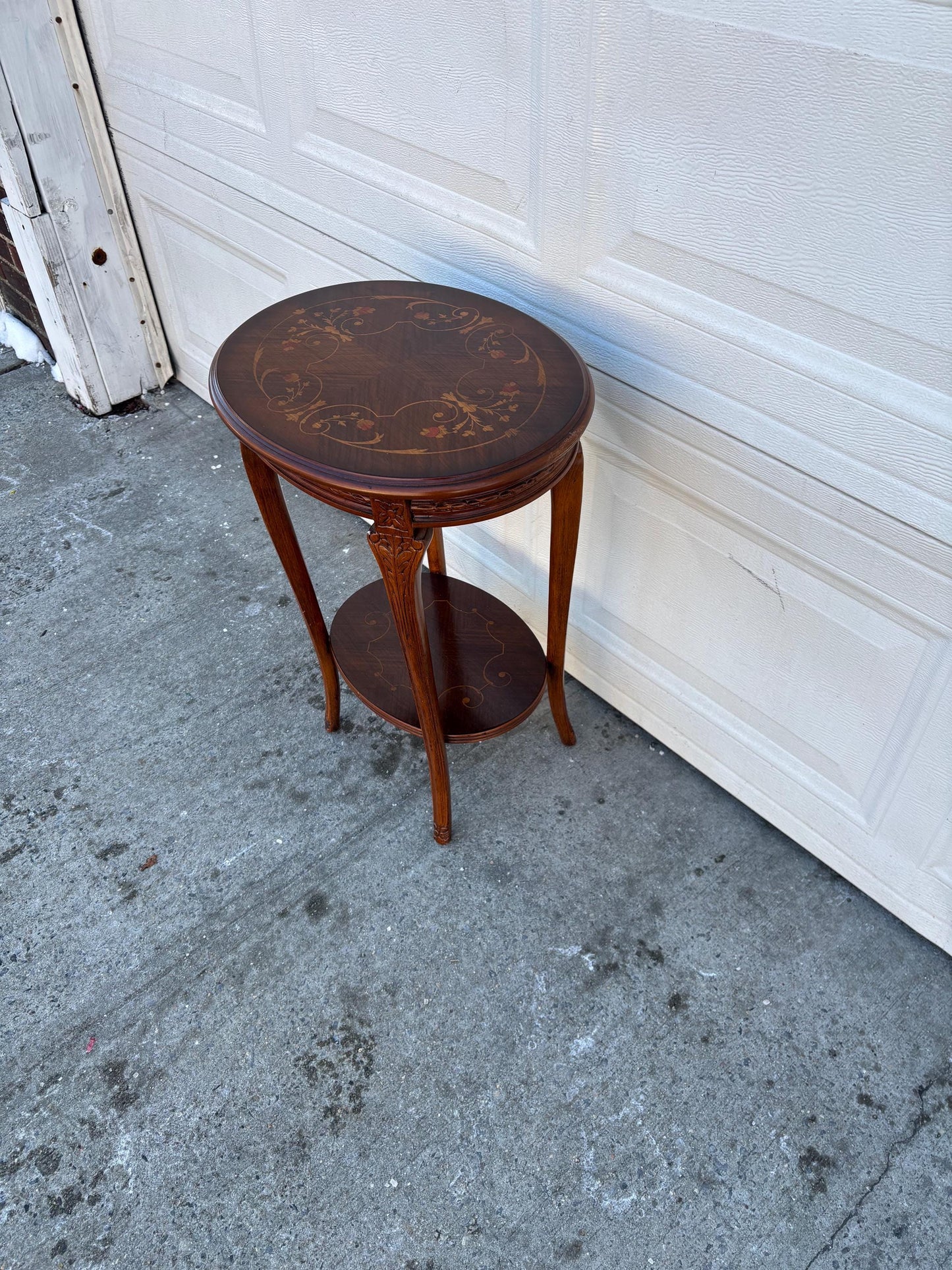 Vintage Italian Inlaid Side Table, Round Wood Accent Table with Shelf, Neoclassical Marquetry End Table, Decorative Occasional Table