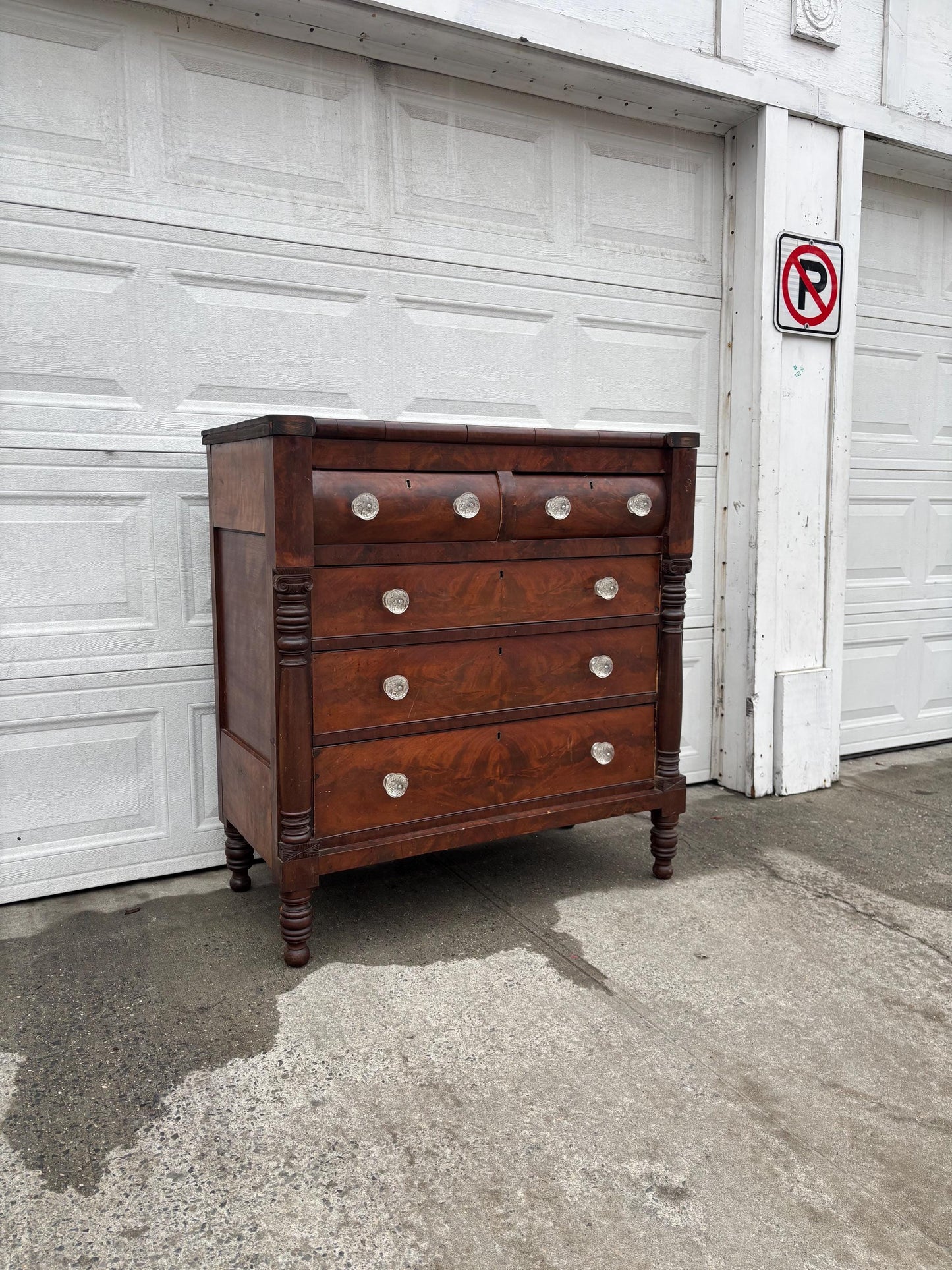 Antique Empire Style Mahogany Dresser Chest Figured Wood Glass Knobs Column Supports Solid Wood Vintage Bedroom Furniture