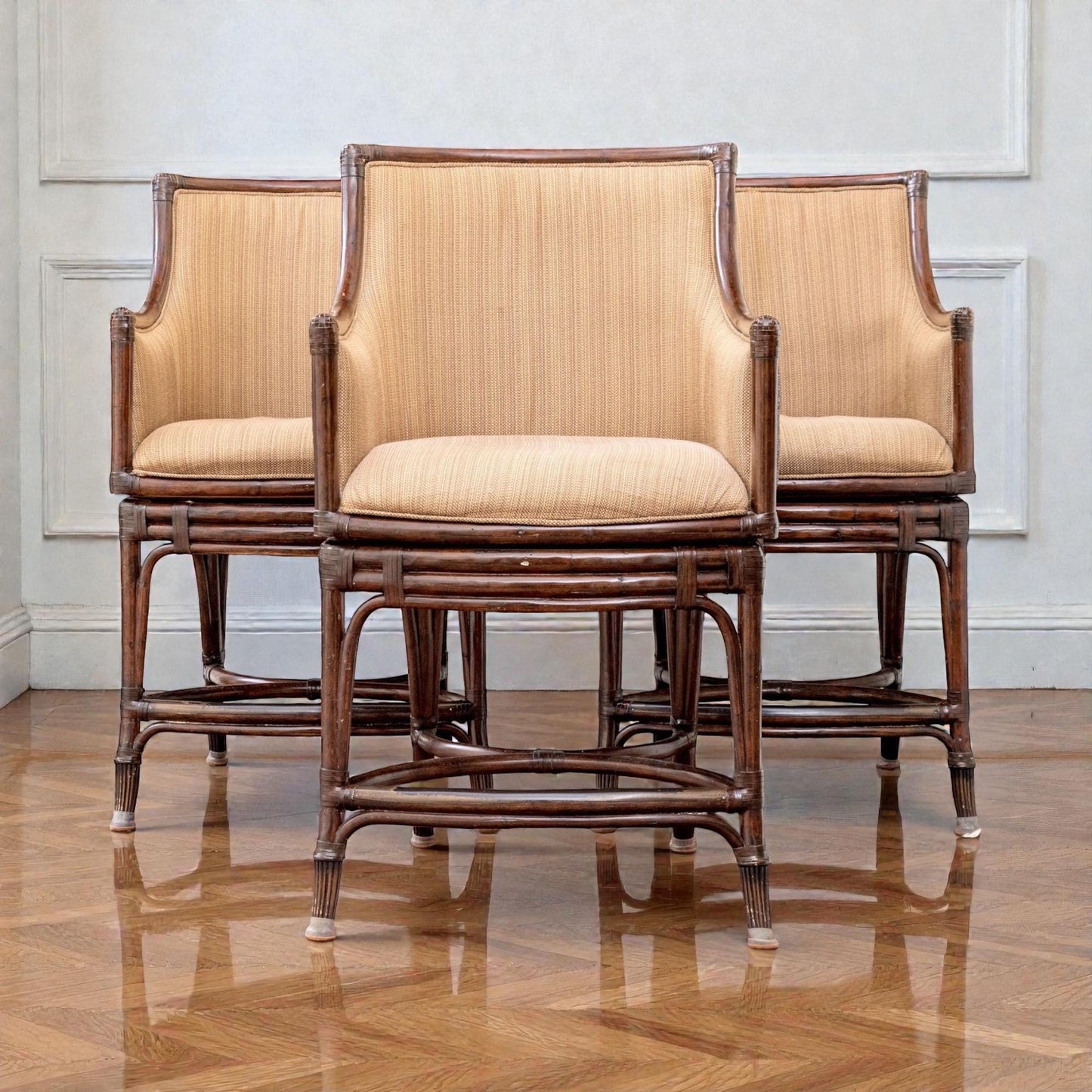 Set of 3 Faux Bamboo Rattan Armchairs, McGuire Style Lounge Chairs, Coastal Organic Modern Barrel Back Chairs, Upholstered Accent Seating