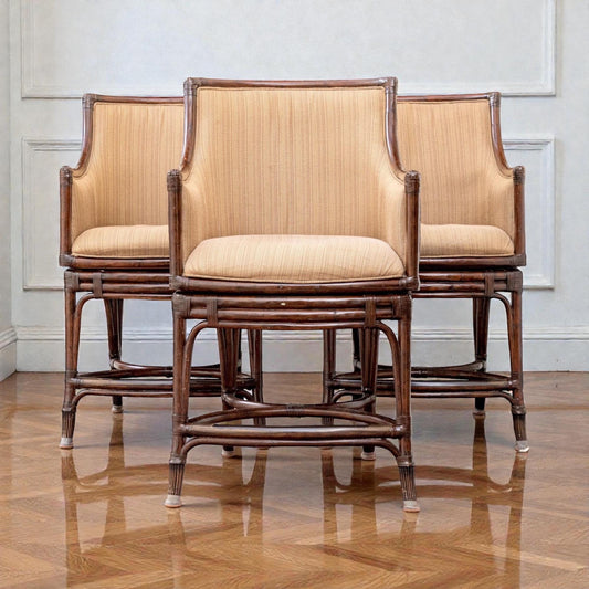 Set of 3 Faux Bamboo Rattan Armchairs, McGuire Style Lounge Chairs, Coastal Organic Modern Barrel Back Chairs, Upholstered Accent Seating