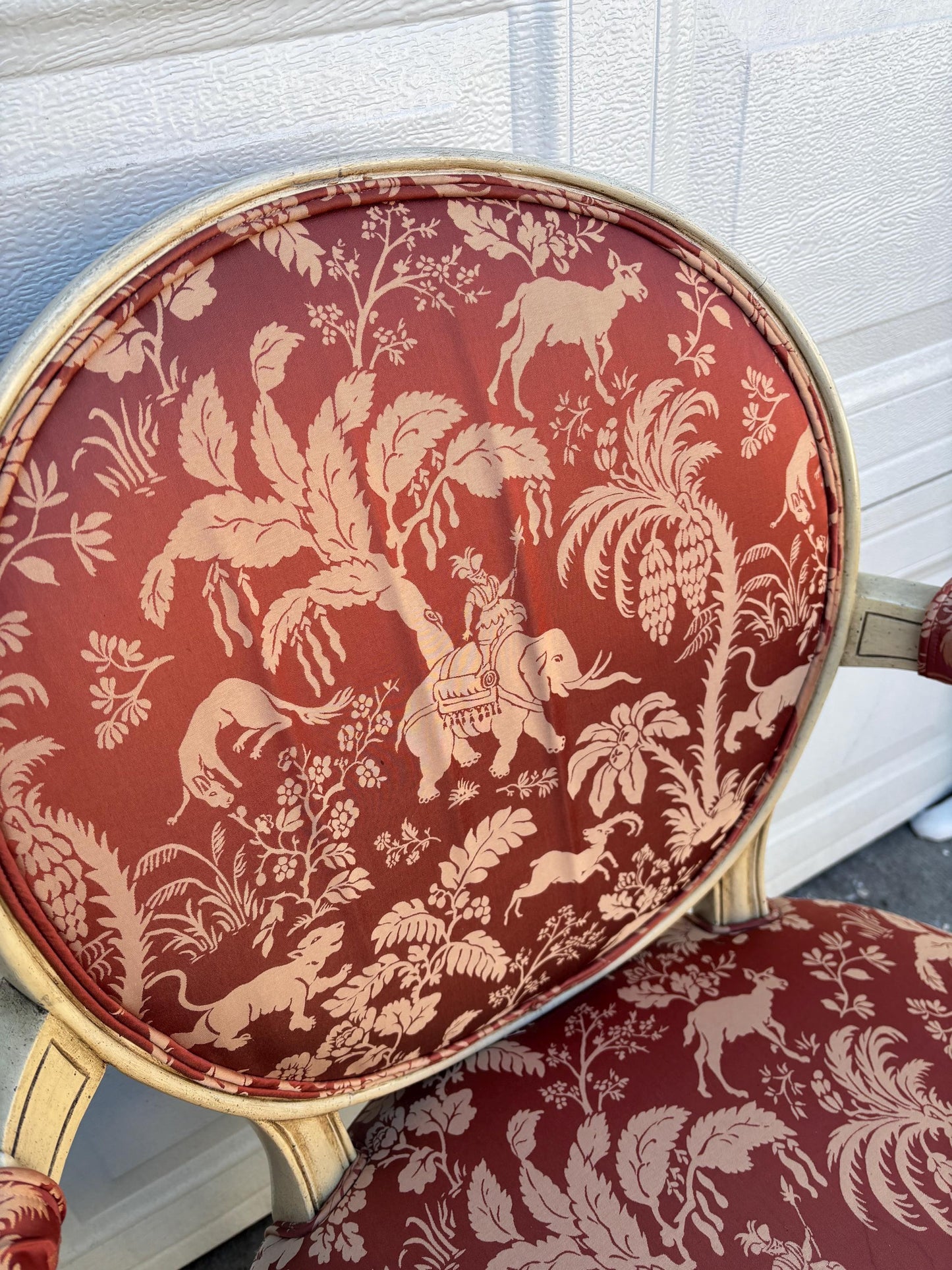 Pair of French Style Armchairs, Louis XVI Accent Chairs, Neoclassical Painted Wood Chairs, Red Toile Upholstered Barrel Back Chairs