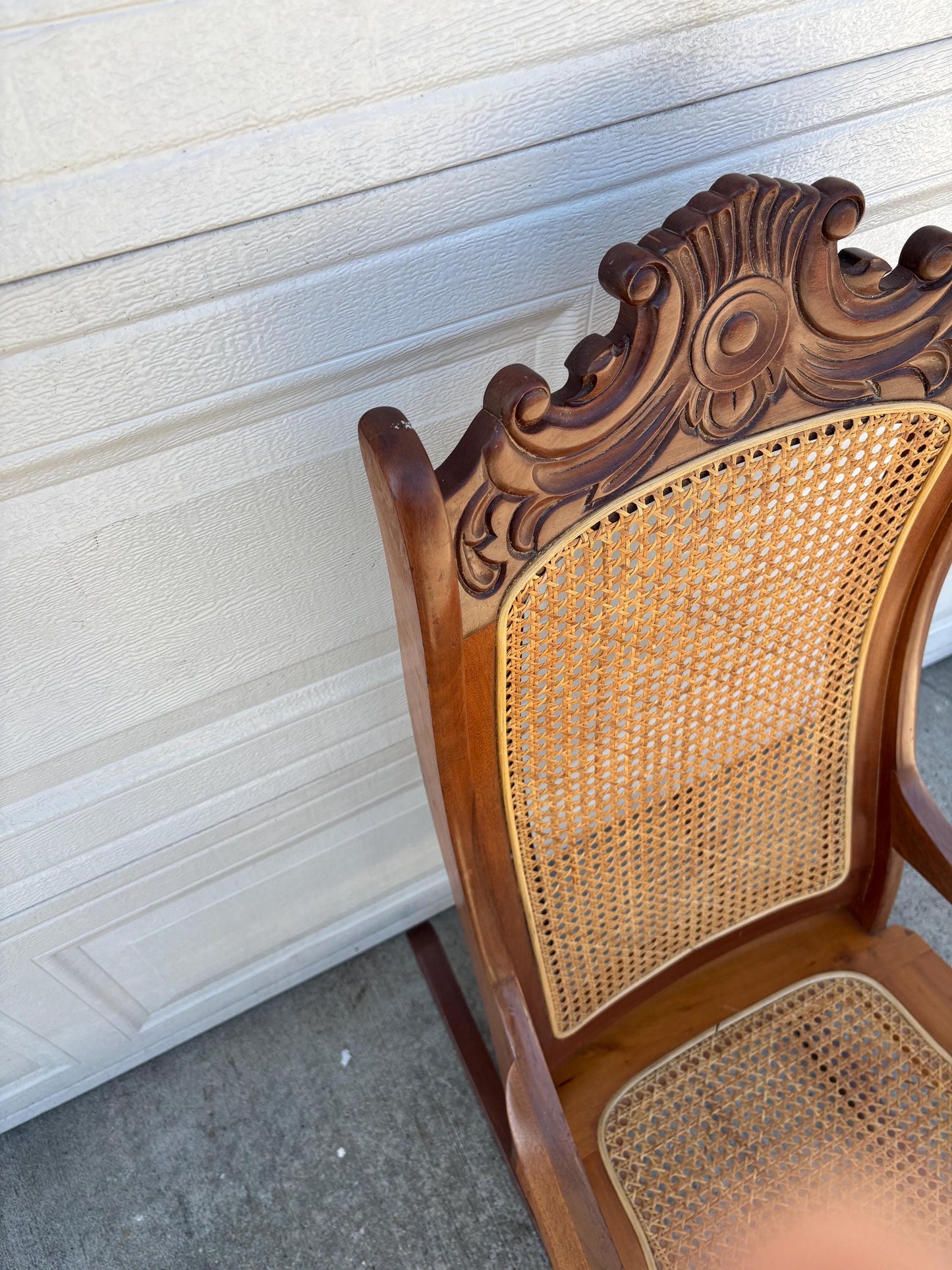 Vintage Cane Back Rocking Chair, Carved Wood Scroll Arm Rocker, Traditional Accent Chair, High Back French Style Rocker
