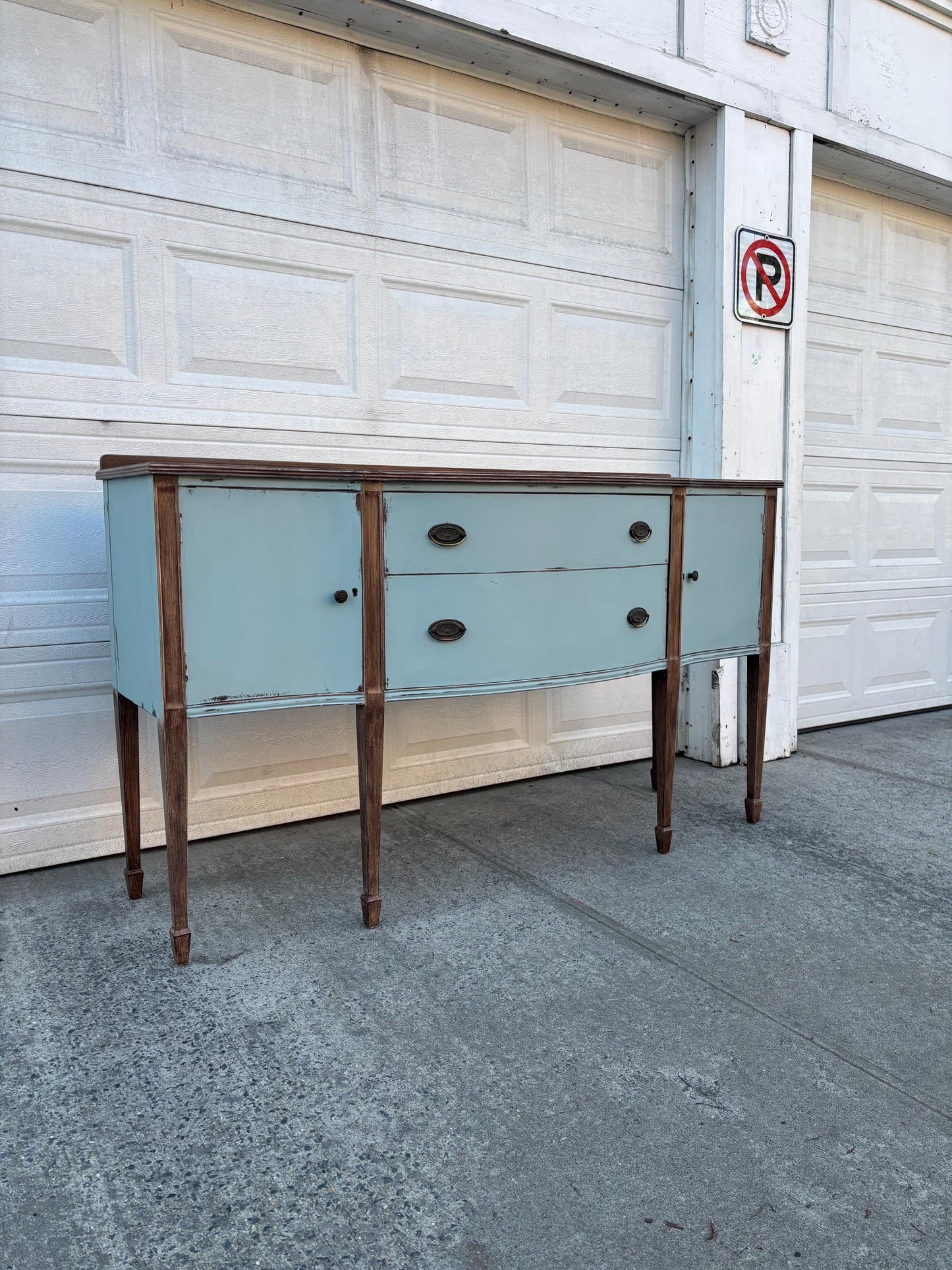 Painted Farmhouse Sideboard Buffet Cabinet Distressed Blue Wood Console Table Serpentine Front Storage Cabinet