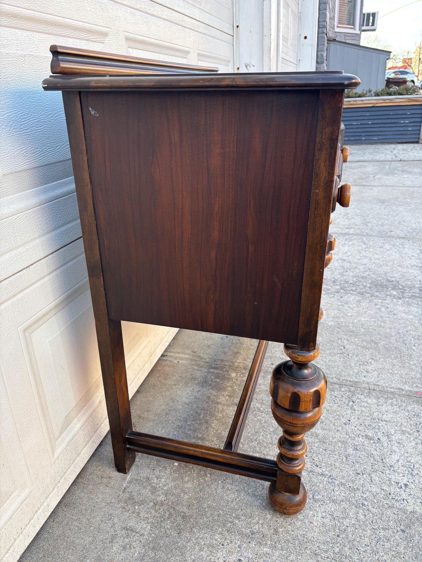 Antique Jacobean Revival Sideboard Server Buffet Walnut Bar Cabinet Console Table Vintage Storage Furniture