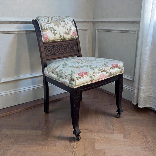 Vintage Upholstered Accent Chair Carved Wood Side Chair Floral Fabric Seat Traditional Dining Chair