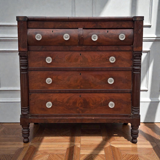 Antique Empire Style Mahogany Dresser Chest Figured Wood Glass Knobs Column Supports Solid Wood Vintage Bedroom Furniture