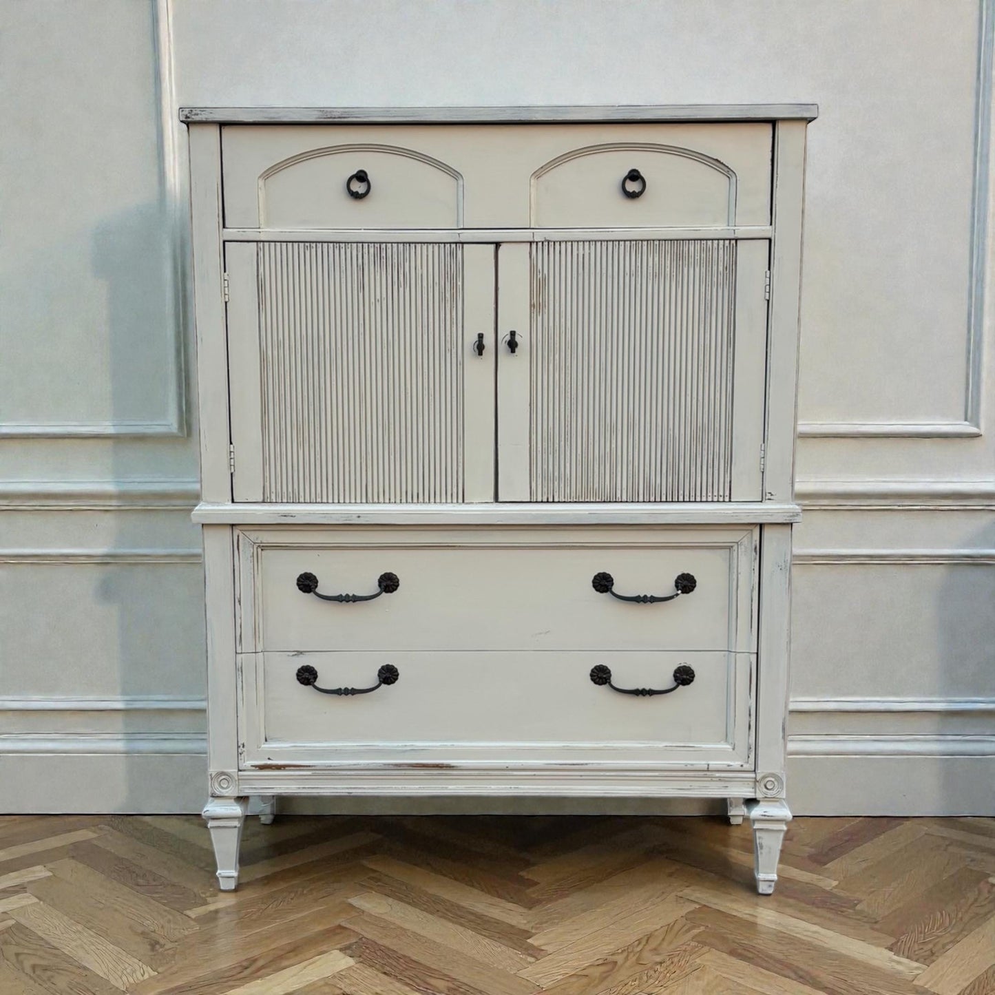 Vintage French Provincial Secretary Desk Cabinet White Distressed Drop Front Storage Chest