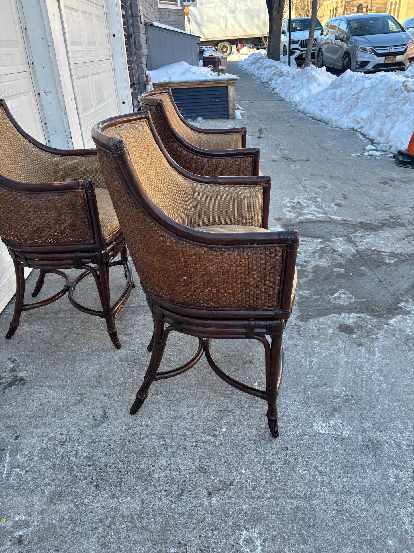 Set of 3 Faux Bamboo Rattan Armchairs, McGuire Style Lounge Chairs, Coastal Organic Modern Barrel Back Chairs, Upholstered Accent Seating
