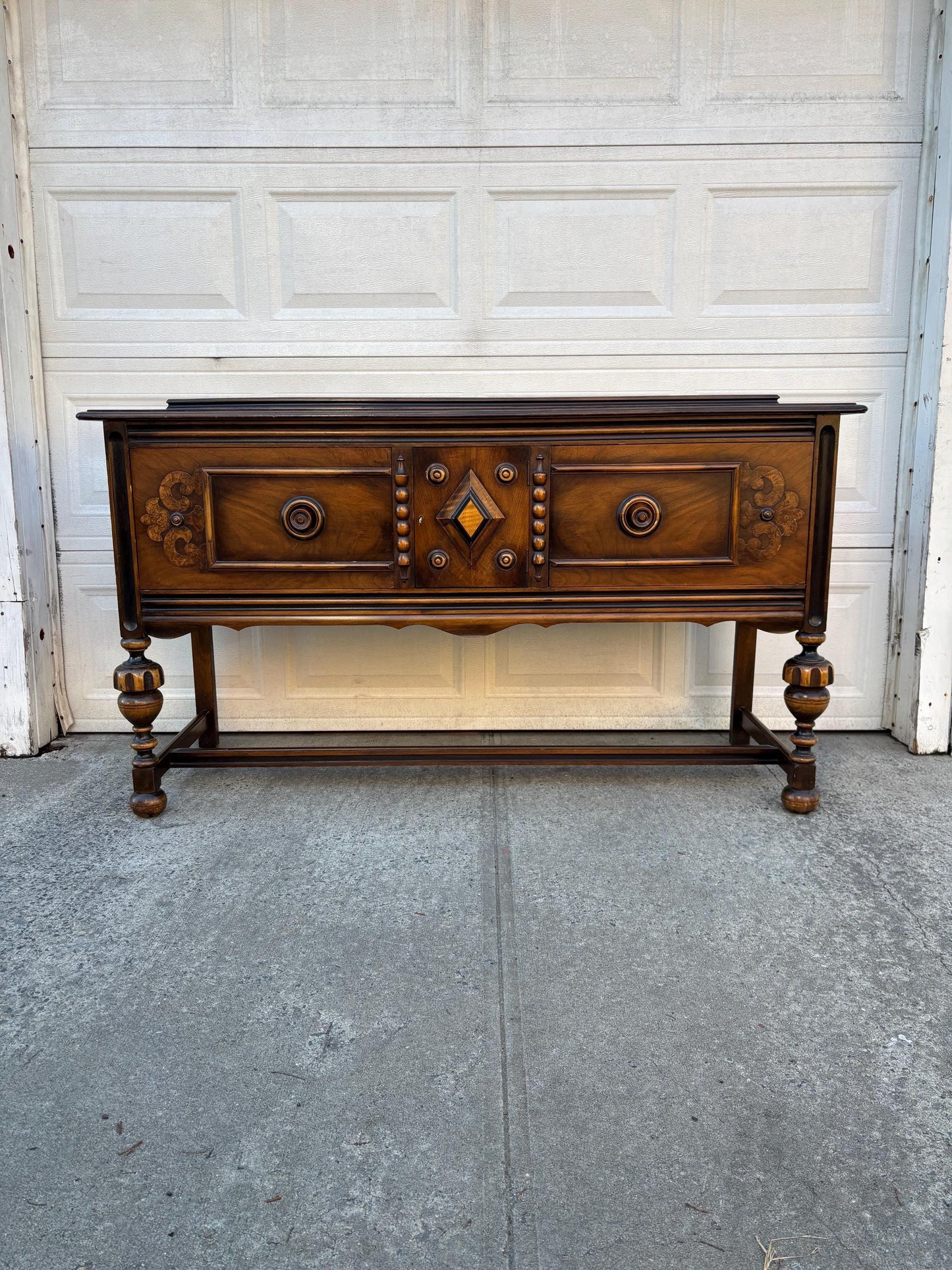 Vintage Jacobean Revival Server Sideboard Console Table Carved Wood Buffet Spanish Style Entry Cabinet