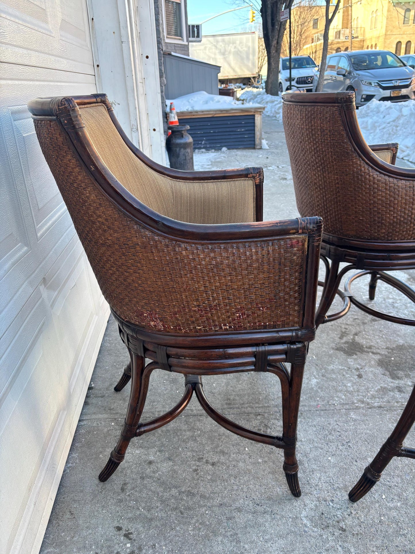 Set of 3 Faux Bamboo Rattan Armchairs, McGuire Style Lounge Chairs, Coastal Organic Modern Barrel Back Chairs, Upholstered Accent Seating