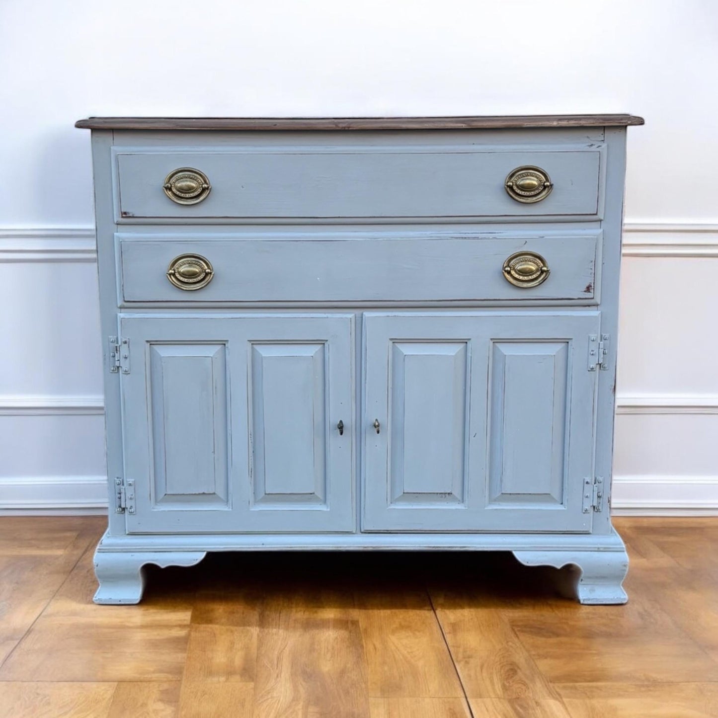 Vintage Farmhouse Sideboard Buffet Cabinet Gray White Blue Distressed Wood Top Storage Cabinet