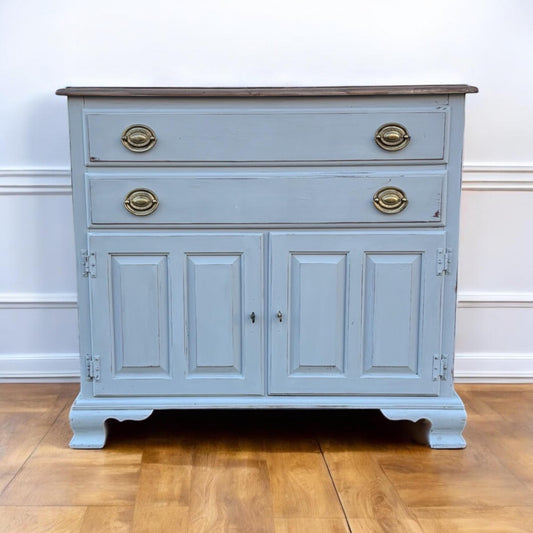 Vintage Farmhouse Sideboard Buffet Cabinet Gray White Blue Distressed Wood Top Storage Cabinet