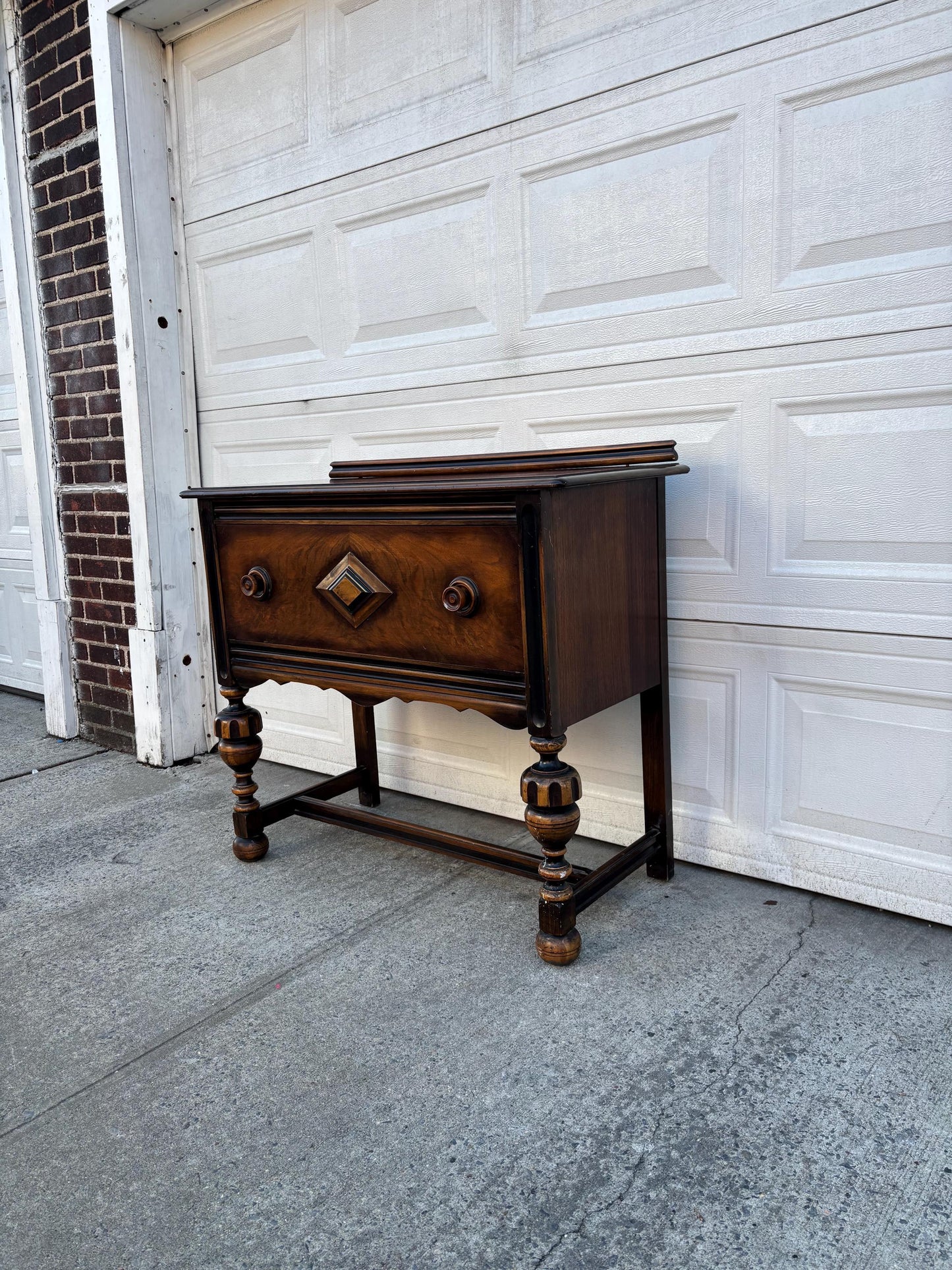 Antique Jacobean Revival Sideboard Server Buffet Walnut Bar Cabinet Console Table Vintage Storage Furniture