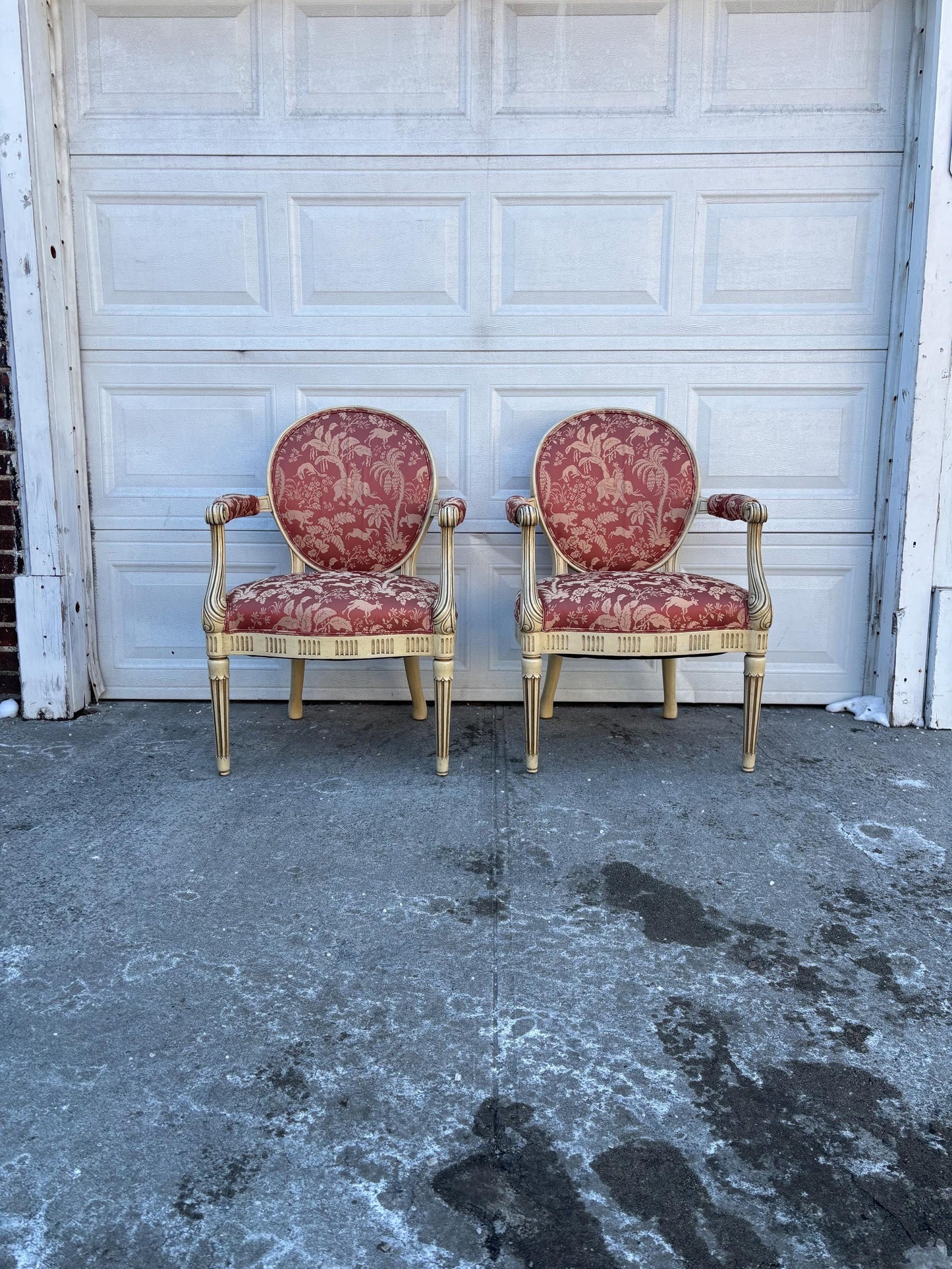 Pair of French Style Armchairs, Louis XVI Accent Chairs, Neoclassical Painted Wood Chairs, Red Toile Upholstered Barrel Back Chairs