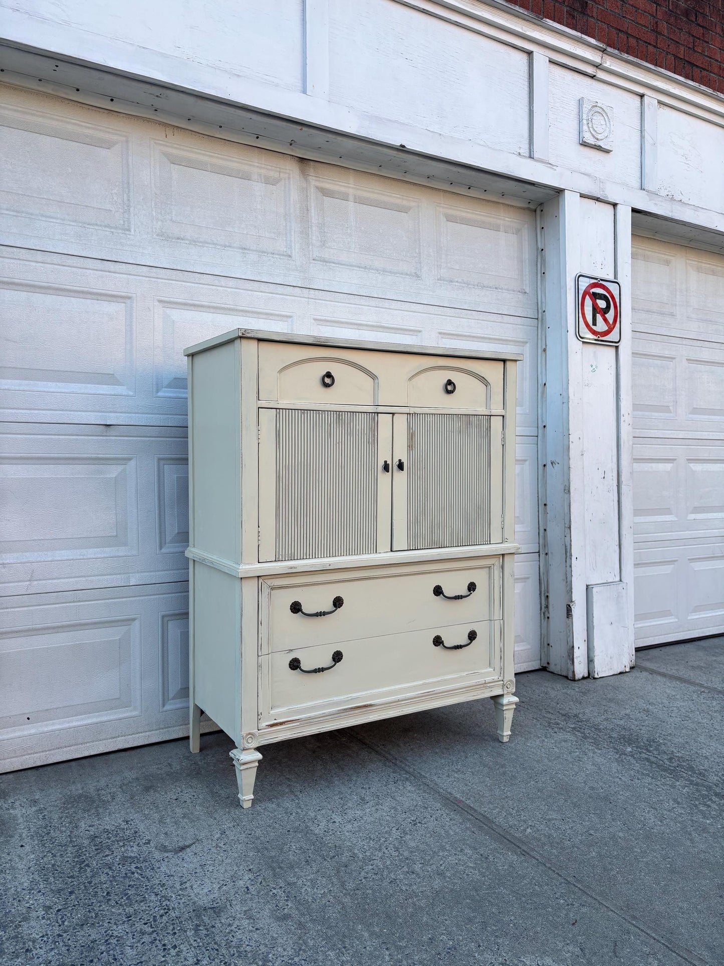 Vintage French Provincial Secretary Desk Cabinet White Distressed Drop Front Storage Chest