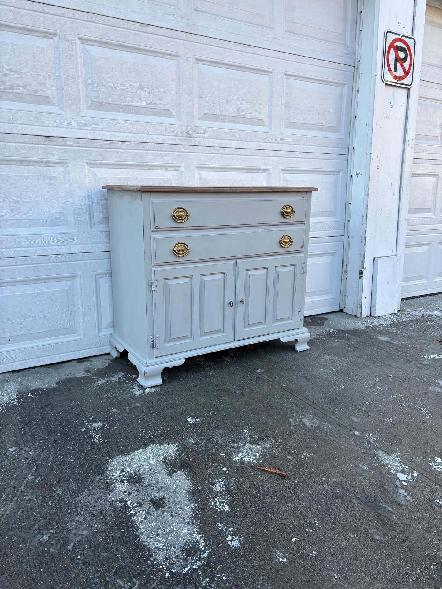 Vintage Farmhouse Sideboard Buffet Cabinet Gray White Blue Distressed Wood Top Storage Cabinet