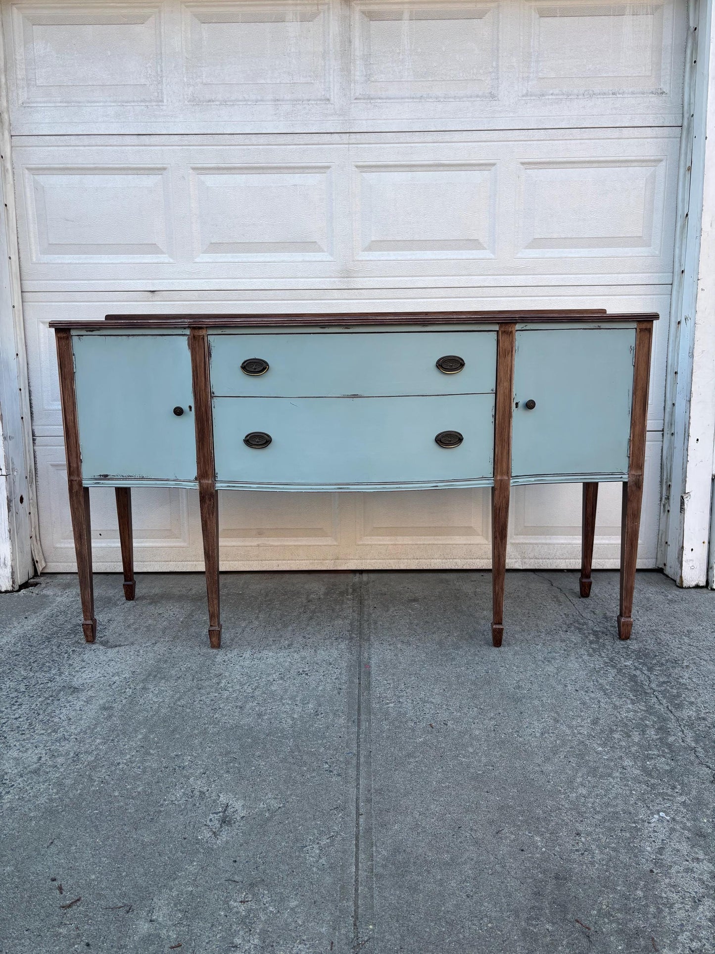 Painted Farmhouse Sideboard Buffet Cabinet Distressed Blue Wood Console Table Serpentine Front Storage Cabinet