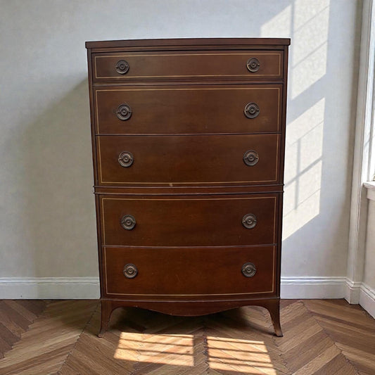 Vintage Hepplewhite Tall Dresser Chest of Drawers Mahogany Federal Style 5 Drawer Highboy