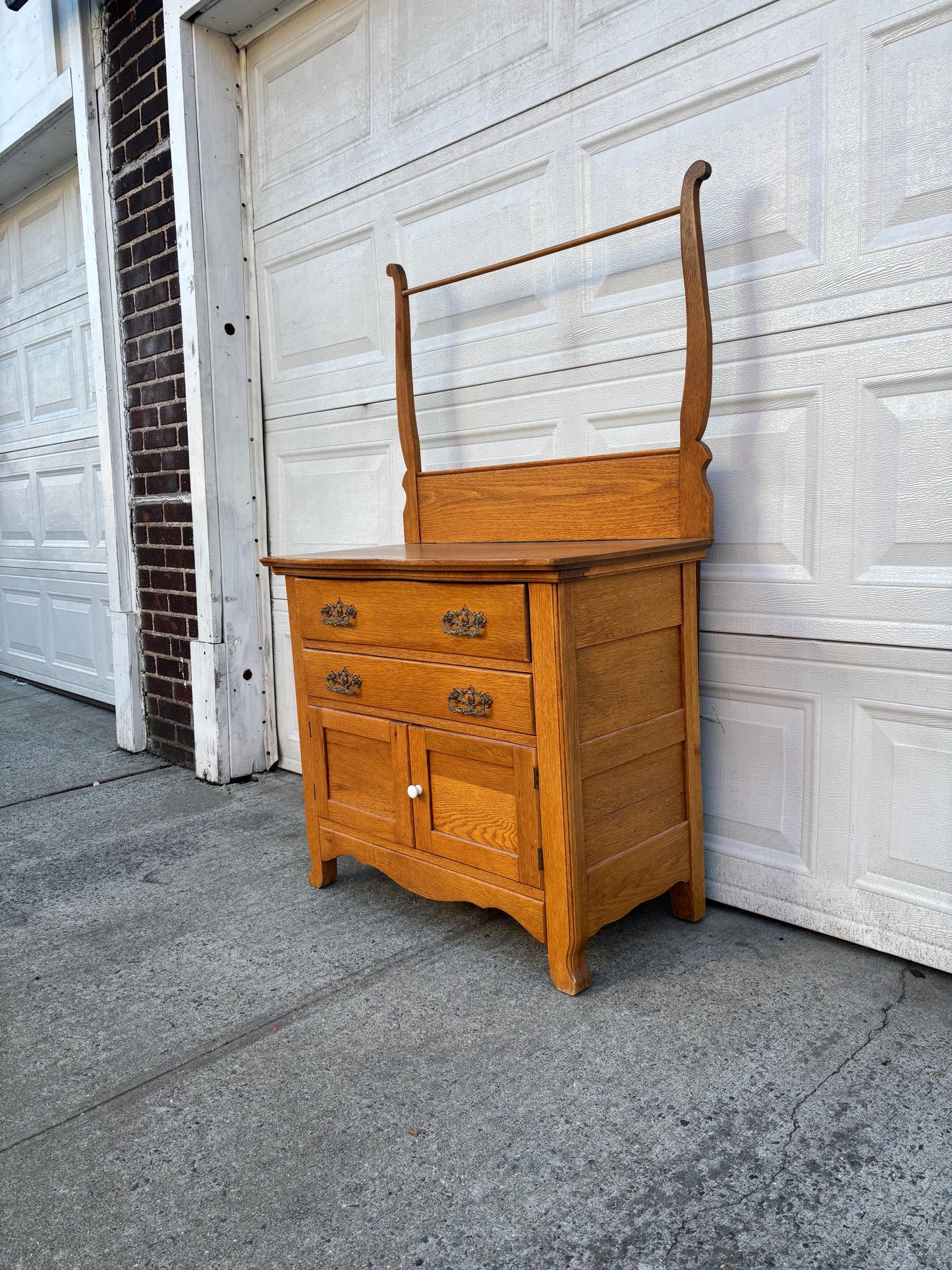 Antique Oak Washstand With Towel Rack Vintage Farmhouse Cabinet Sideboard Rustic Bathroom Storage