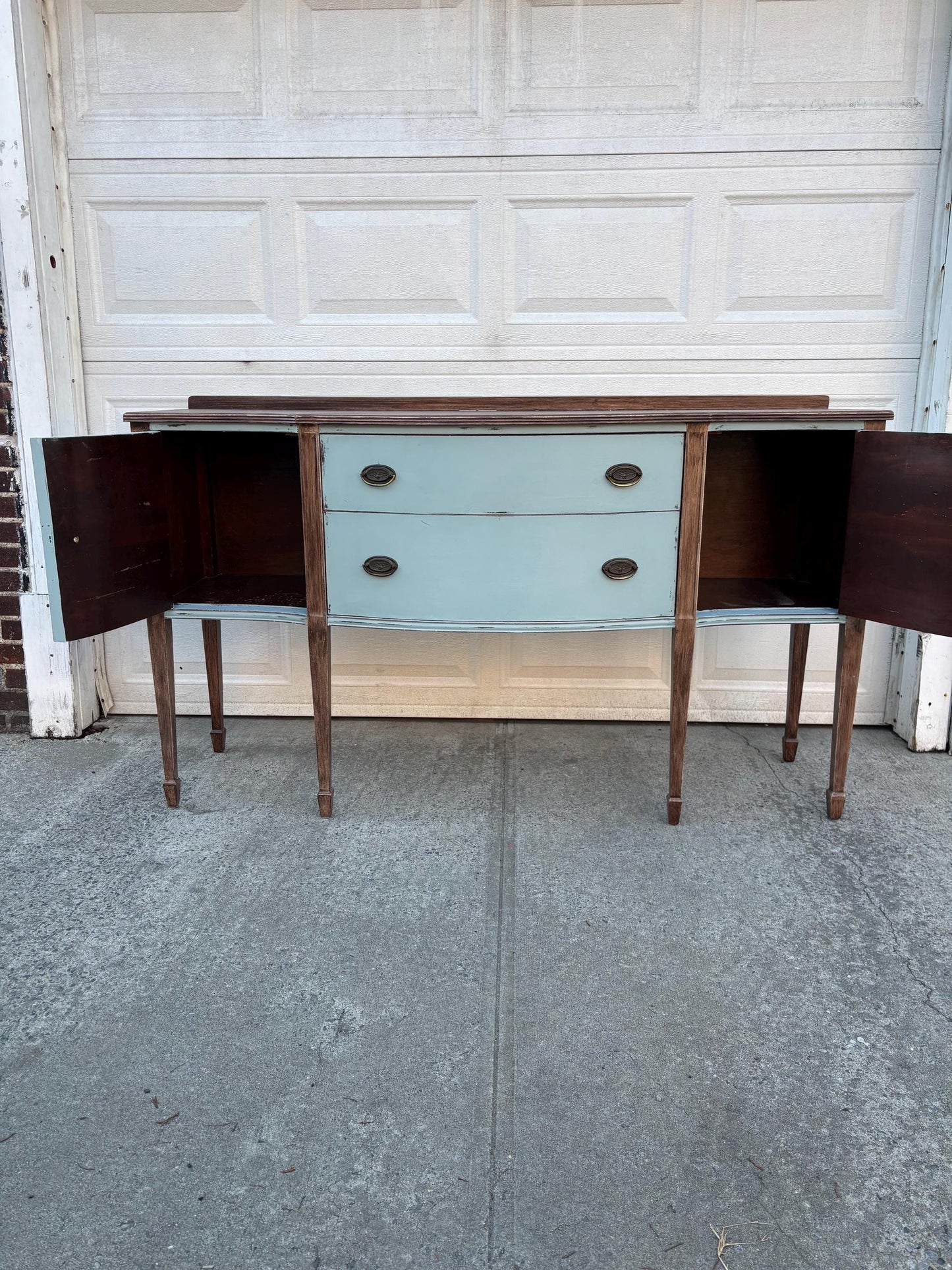 Painted Farmhouse Sideboard Buffet Cabinet Distressed Blue Wood Console Table Serpentine Front Storage Cabinet