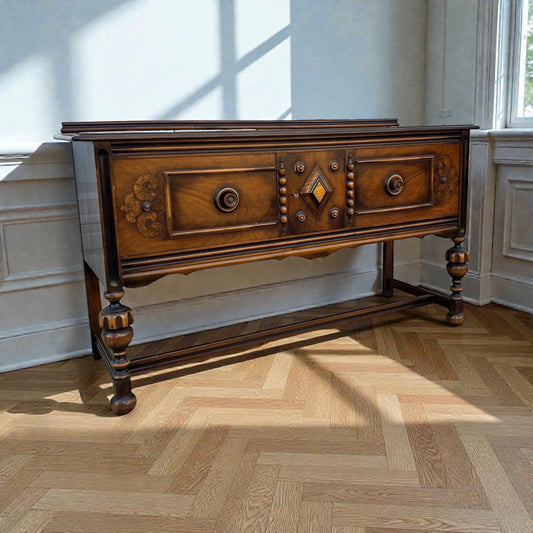 Vintage Jacobean Revival Server Sideboard Console Table Carved Wood Buffet Spanish Style Entry Cabinet