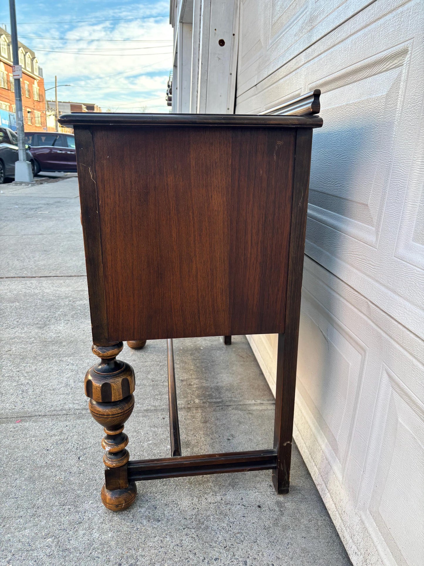 Antique Jacobean Revival Sideboard Server Buffet Walnut Bar Cabinet Console Table Vintage Storage Furniture