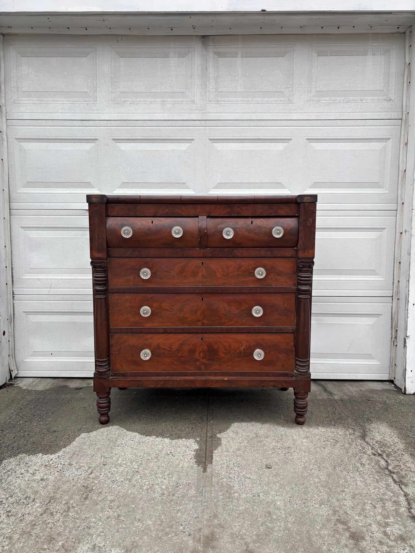 Antique Empire Style Mahogany Dresser Chest Figured Wood Glass Knobs Column Supports Solid Wood Vintage Bedroom Furniture