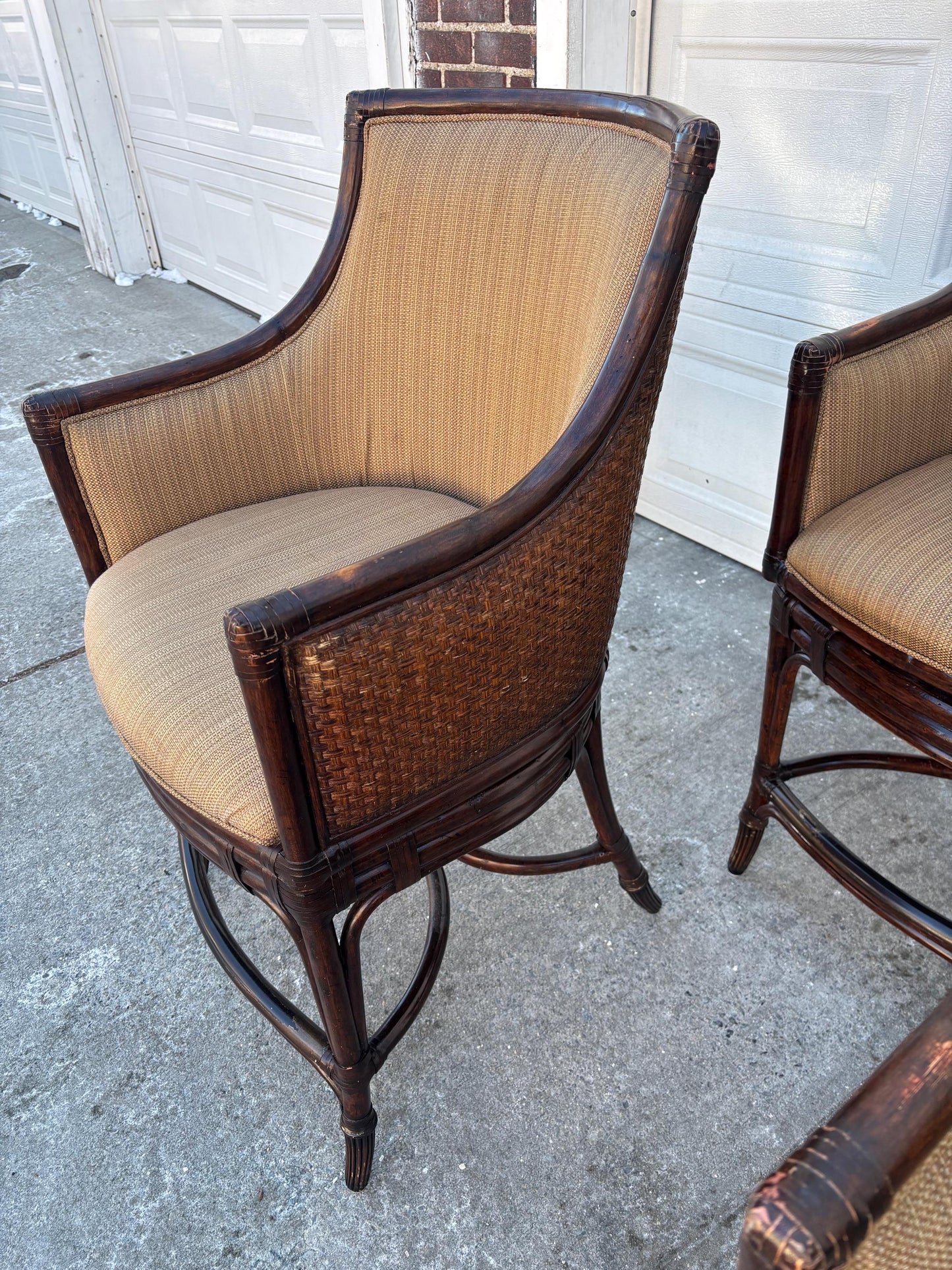 Set of 3 Faux Bamboo Rattan Armchairs, McGuire Style Lounge Chairs, Coastal Organic Modern Barrel Back Chairs, Upholstered Accent Seating