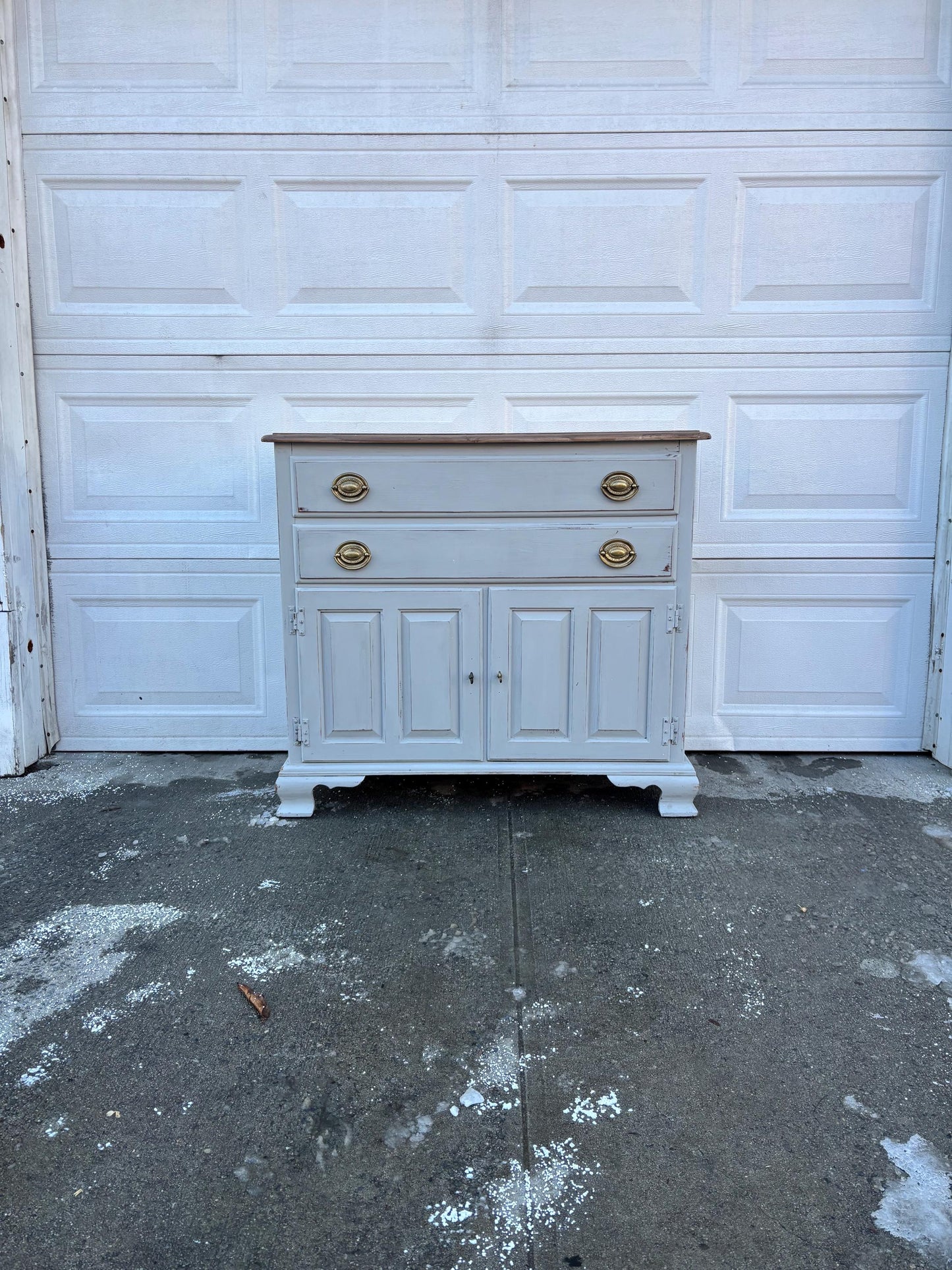 Vintage Farmhouse Sideboard Buffet Cabinet Gray White Blue Distressed Wood Top Storage Cabinet