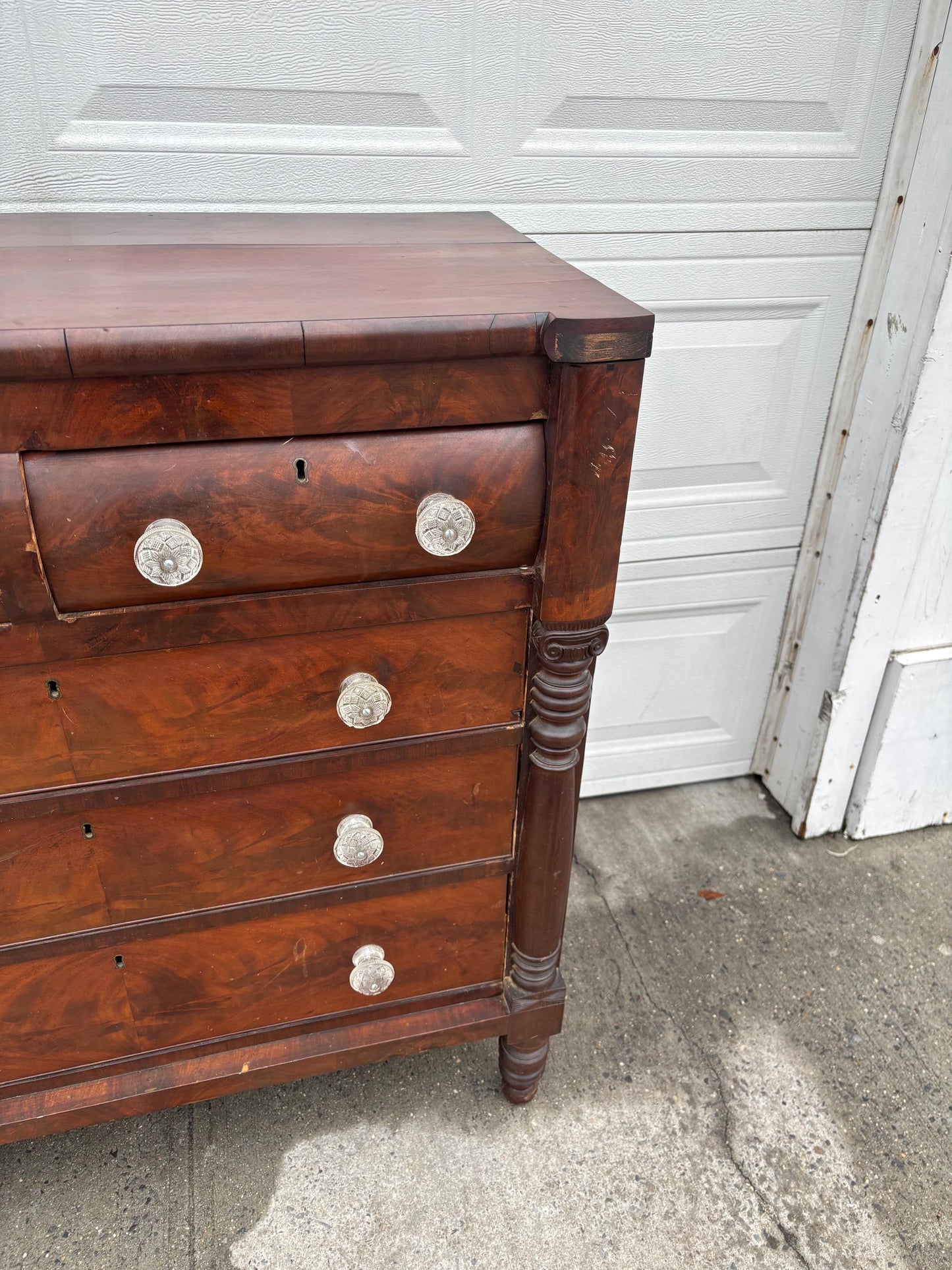 Antique Empire Style Mahogany Dresser Chest Figured Wood Glass Knobs Column Supports Solid Wood Vintage Bedroom Furniture