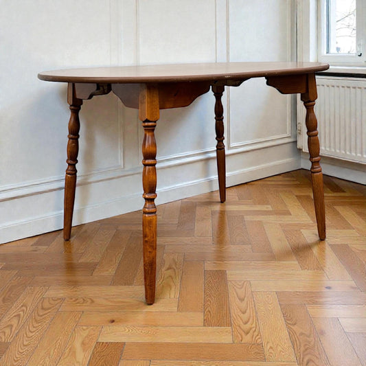 Vintage Solid Wood Drop Leaf Dining Table Turned Legs Colonial Style