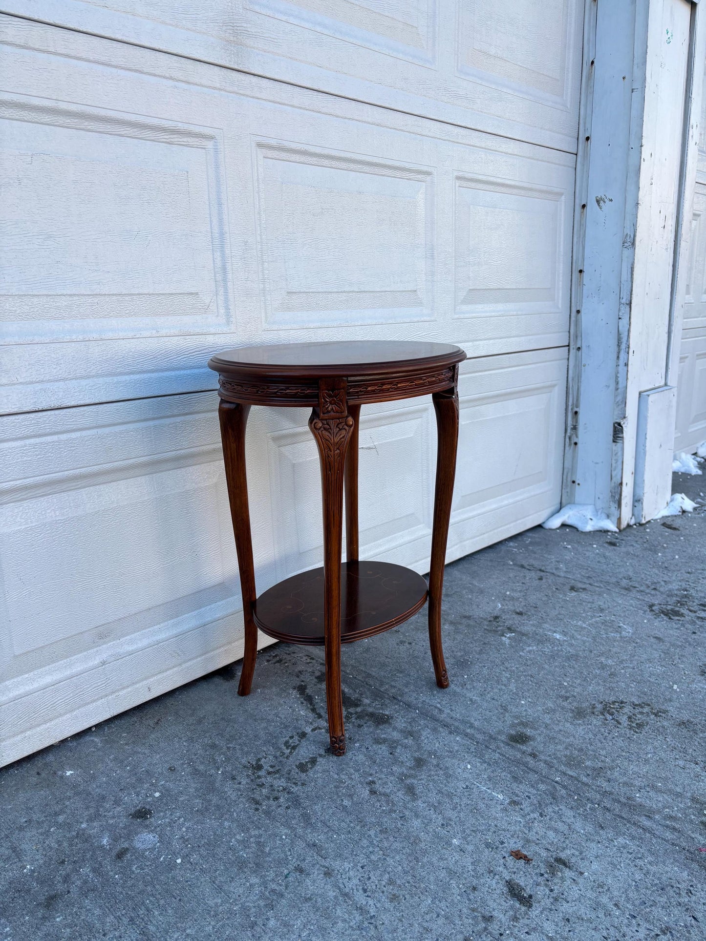 Vintage Italian Inlaid Side Table, Round Wood Accent Table with Shelf, Neoclassical Marquetry End Table, Decorative Occasional Table