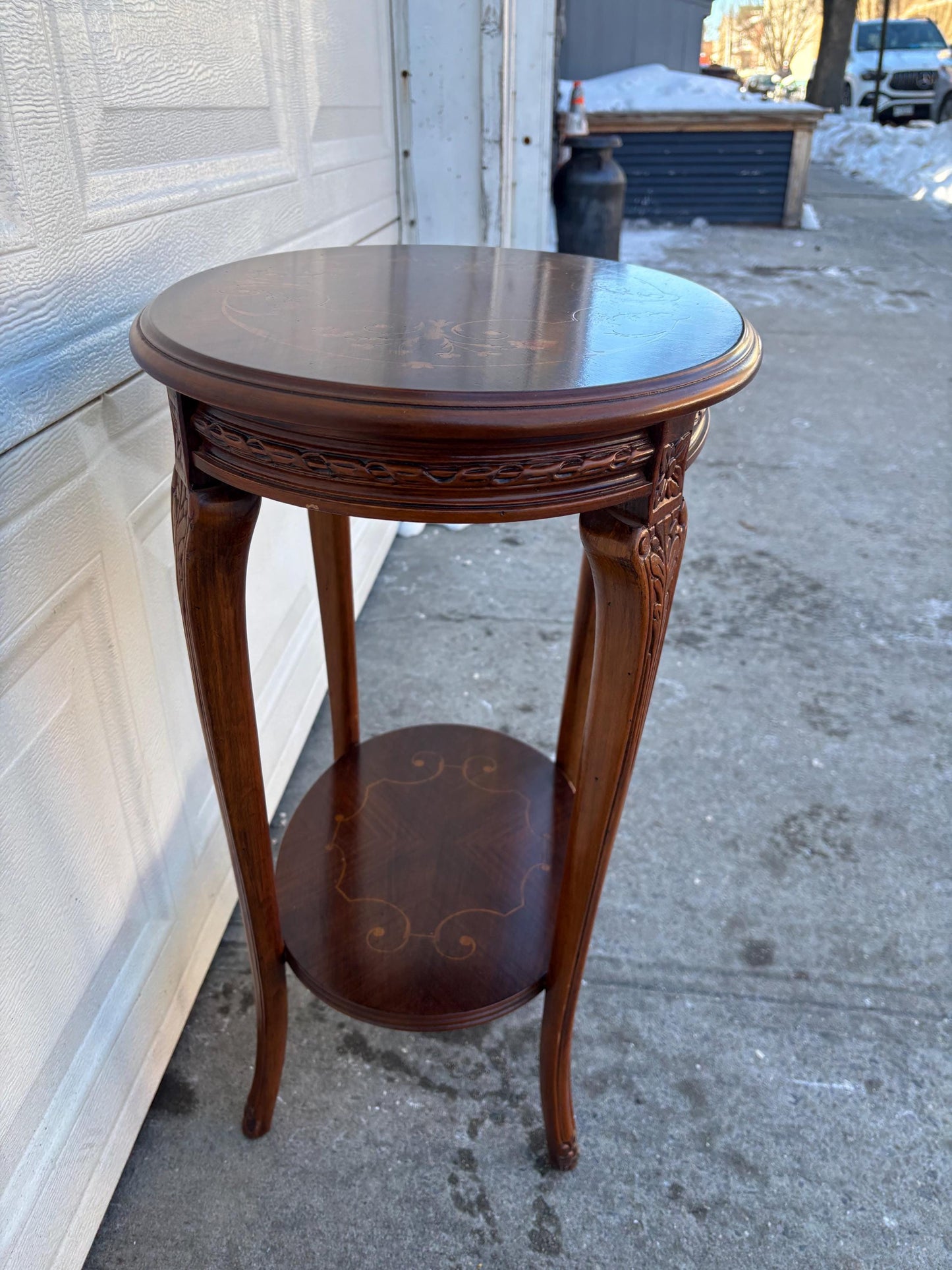 Vintage Italian Inlaid Side Table, Round Wood Accent Table with Shelf, Neoclassical Marquetry End Table, Decorative Occasional Table
