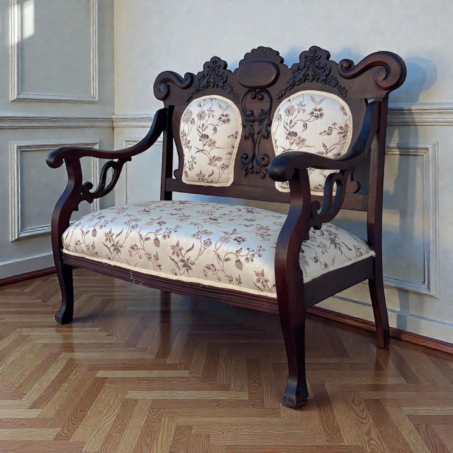 Antique Victorian Settee Carved Wood Loveseat Upholstered Parlor Bench Eastlake Style Sofa
