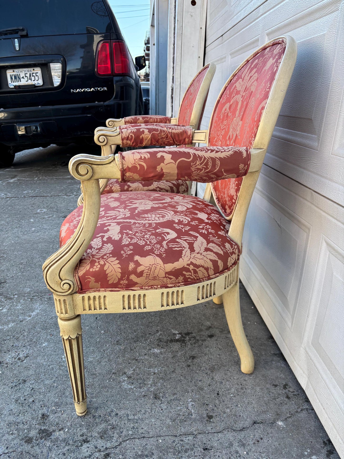 Pair of French Style Armchairs, Louis XVI Accent Chairs, Neoclassical Painted Wood Chairs, Red Toile Upholstered Barrel Back Chairs
